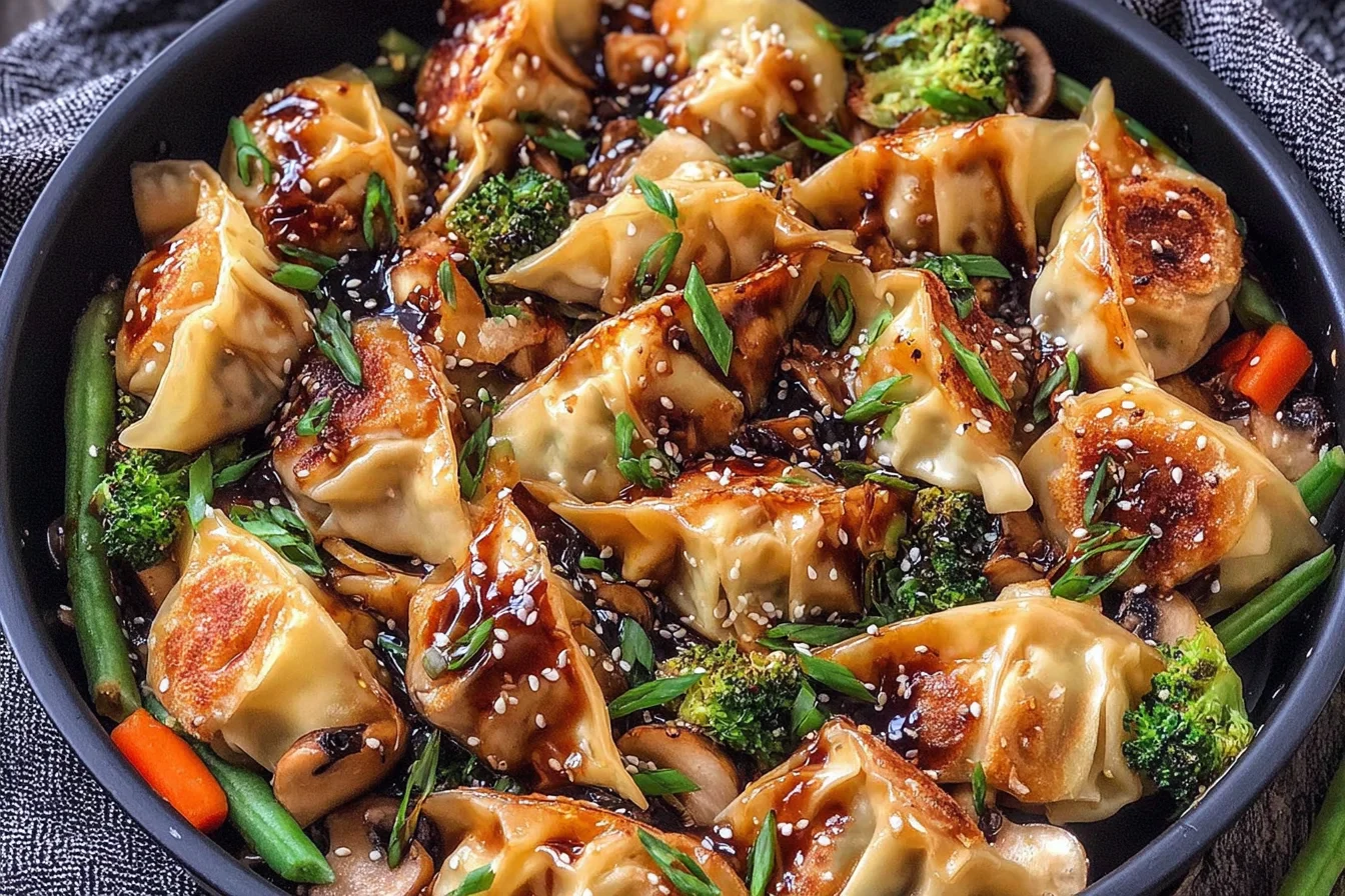 Potsticker Stir Fry with crispy dumplings, broccoli, mushrooms, and sesame sauce in a black skillet