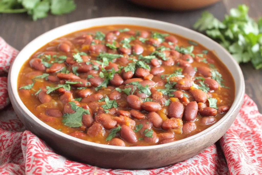 Puerto Rican Style Beans served in a rustic bowl with fresh cilantro garnish