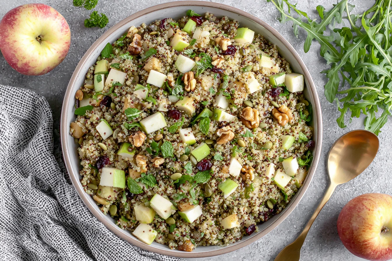 Quinoa Apple Salad topped with apples, cranberries, walnuts, and fresh mint in a large bowl