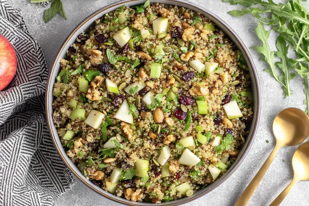 Quinoa Apple Salad with cranberries, walnuts, pumpkin seeds, and fresh herbs in a serving bowl