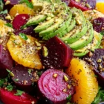 Roasted Beet Orange Avocado Salad topped with pistachios and citrus vinaigrette over fresh greens