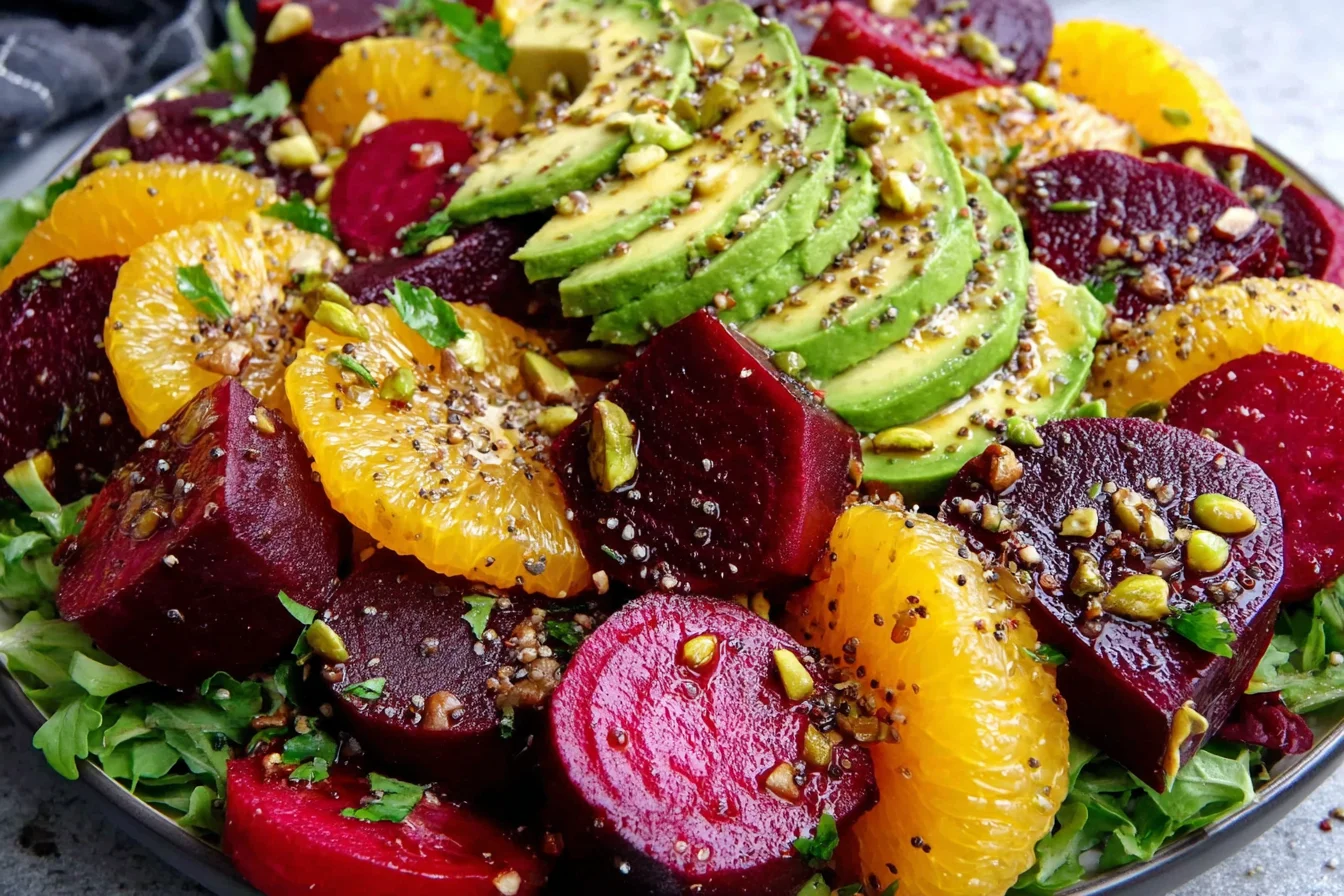 Roasted Beet Orange Avocado Salad topped with pistachios and citrus vinaigrette over fresh greens