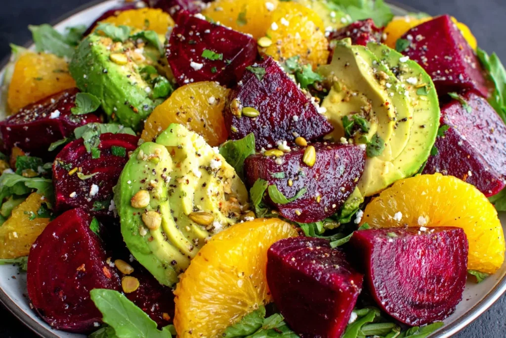 Roasted Beet Orange Avocado Salad with fresh oranges, creamy avocado, and roasted beets on a serving plate