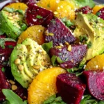 Roasted Beet Orange Avocado Salad with fresh oranges, creamy avocado, and roasted beets on a serving plate
