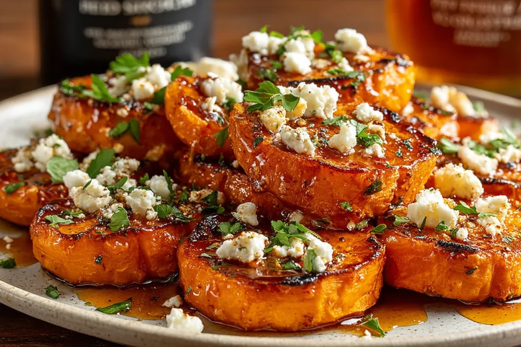 Roasted Sweet Potato Rounds served warm with feta, parsley, and honey glaze for an easy appetizer