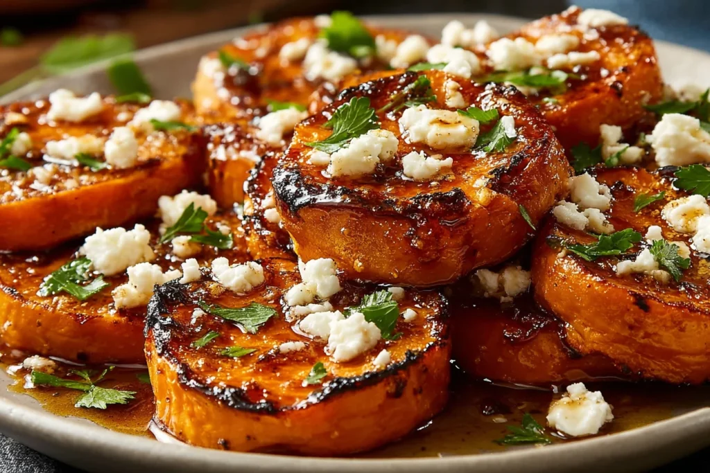 Roasted Sweet Potato Rounds topped with feta cheese, honey drizzle, and fresh parsley on a serving platter