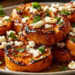 Roasted Sweet Potato Rounds topped with feta cheese, honey drizzle, and fresh parsley on a serving platter