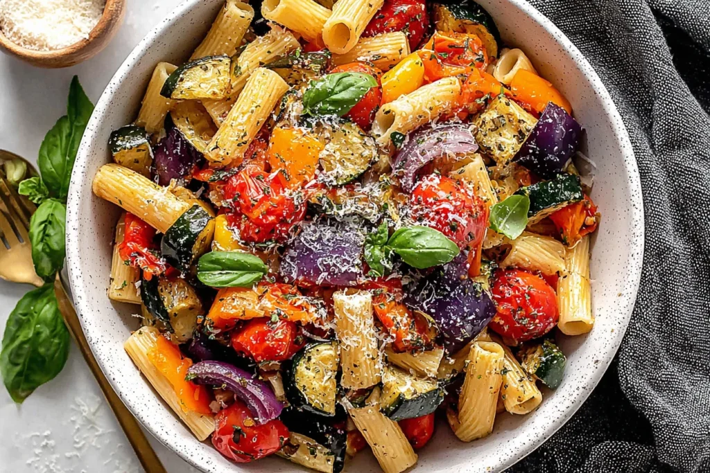 Roasted Vegetable Pasta served with roasted zucchini, cherry tomatoes, bell peppers, red onion, Parmesan, and basil