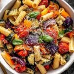 Roasted Vegetable Pasta served with roasted zucchini, cherry tomatoes, bell peppers, red onion, Parmesan, and basil