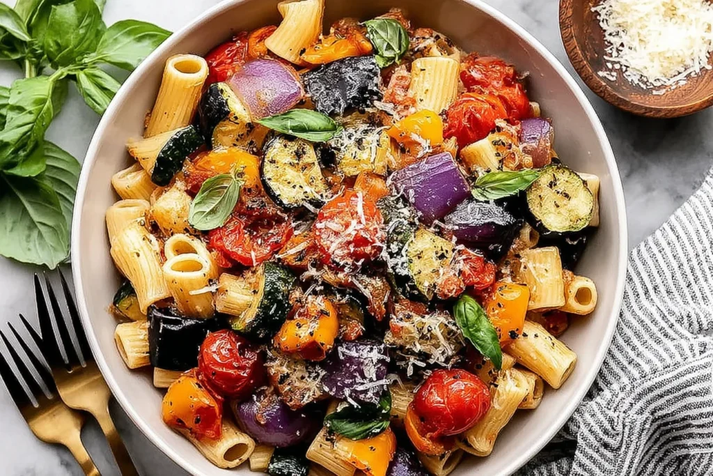 Roasted Vegetable Pasta with roasted cherry tomatoes, zucchini, bell peppers, red onion, Parmesan cheese, and fresh basil