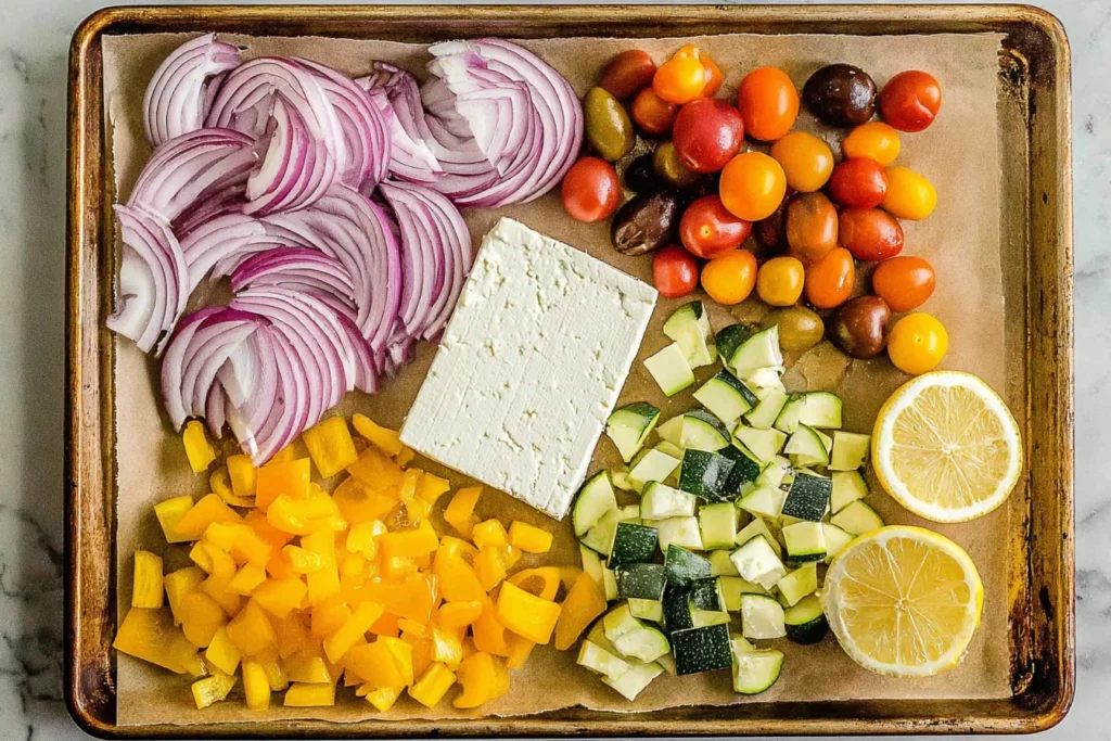 Ingredients for Roasted Veggie Pasta with Feta Recipe including feta, cherry tomatoes, zucchini, red onion, bell pepper, and lemon