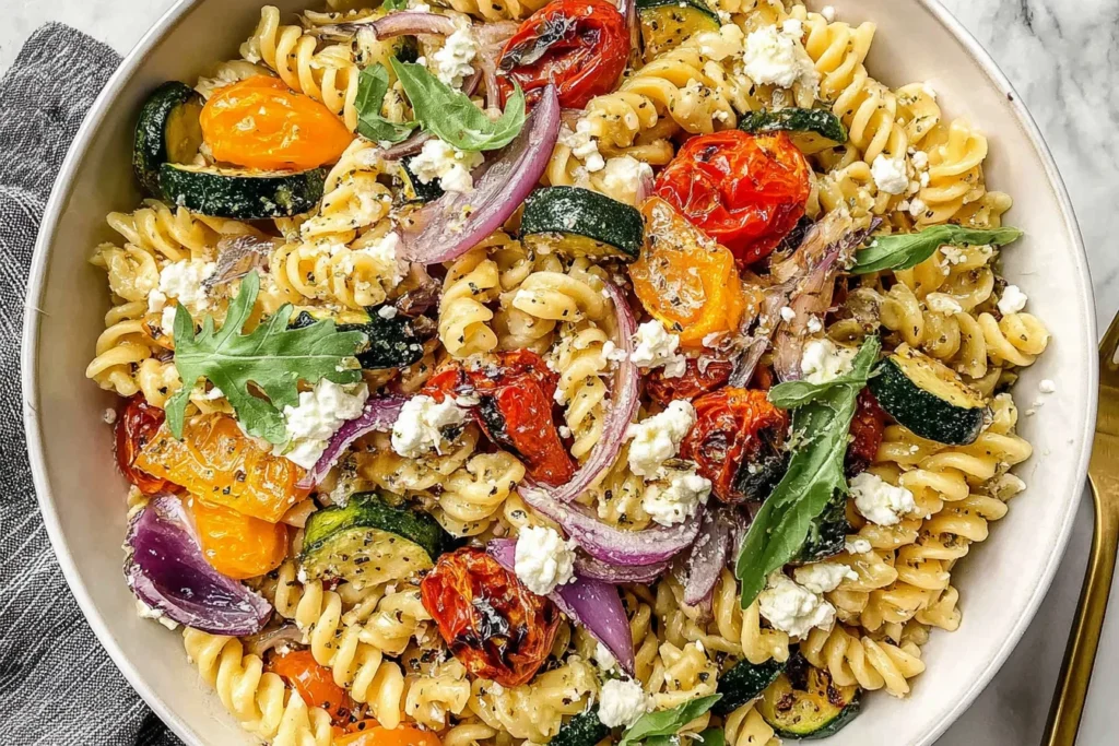 Roasted Veggie Pasta with Feta Recipe topped with roasted vegetables, arugula, and creamy feta cheese