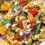 Roasted Veggie Pasta with Feta Recipe topped with roasted vegetables, arugula, and creamy feta cheese