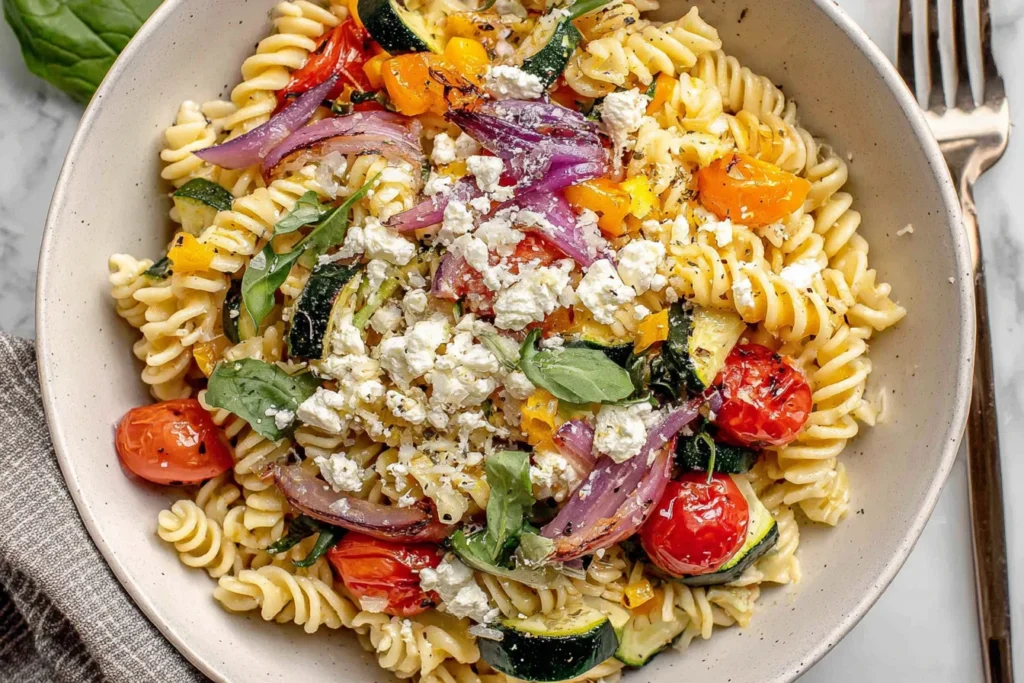 Roasted Veggie Pasta with Feta Recipe served in a bowl with roasted tomatoes, zucchini, red onion, arugula, and crumbled feta