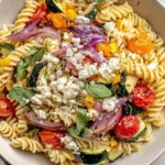 Roasted Veggie Pasta with Feta Recipe served in a bowl with roasted tomatoes, zucchini, red onion, arugula, and crumbled feta