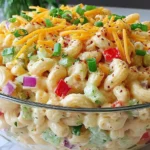 Savory Guy Fieri Macaroni Salad Recipe served in a glass bowl with cheddar cheese and fresh vegetables
