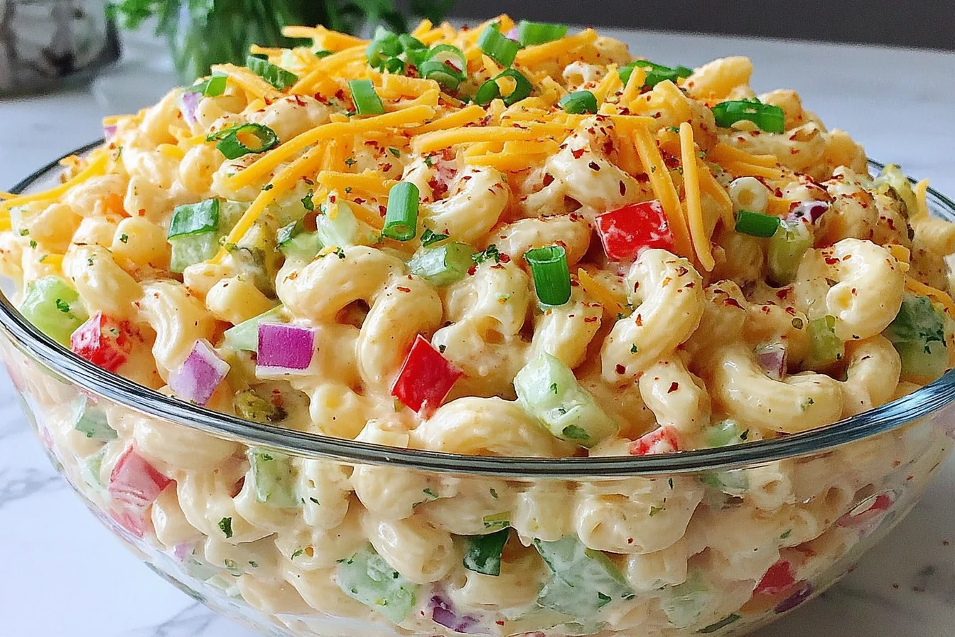 Savory Guy Fieri Macaroni Salad Recipe served in a glass bowl with cheddar cheese and fresh vegetables