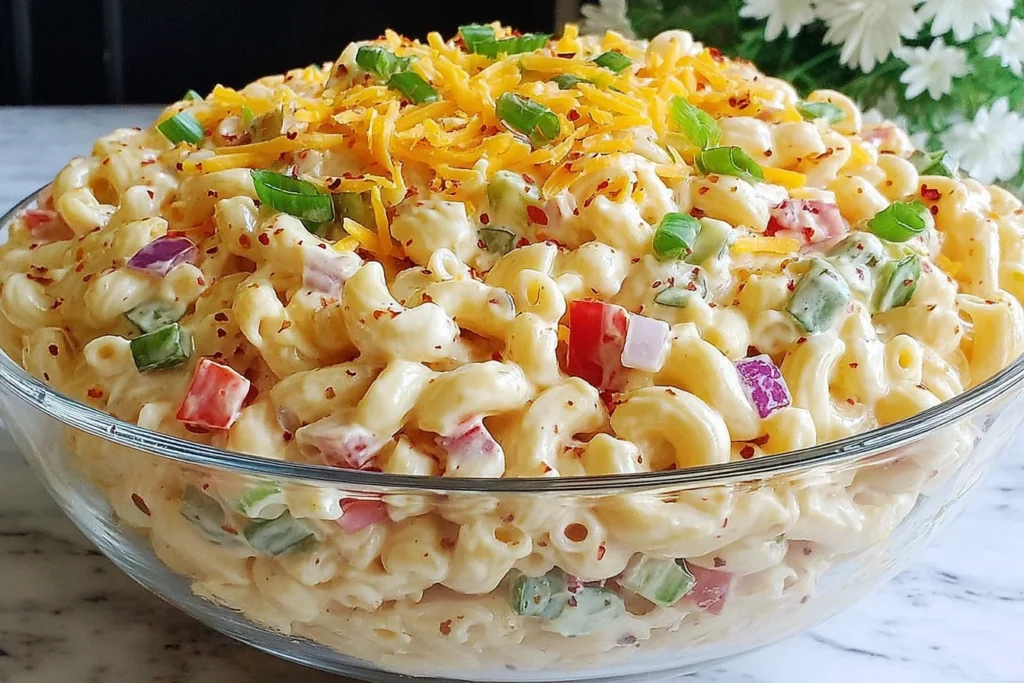 Savory Guy Fieri Macaroni Salad Recipe with cheddar cheese, green onions, and crunchy vegetables in a creamy dressing