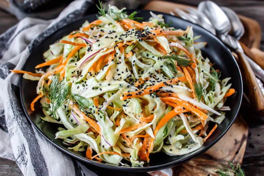 Simple Easy Cabbage and Carrot Salad with creamy mustard dressing, fresh dill, and black sesame seeds in a black bowl