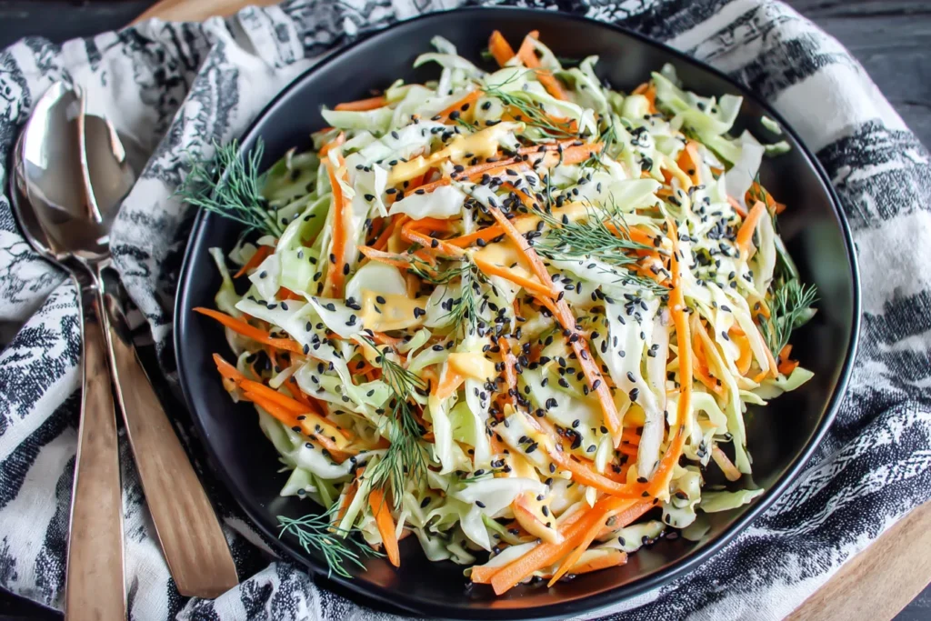 Simple Easy Cabbage and Carrot Salad served with fresh dill and sesame seeds in a rustic black bowl
