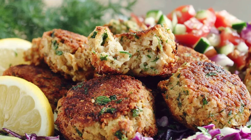 Simple Healthy Falafel with crispy edges and herb-filled center served alongside fresh chopped salad