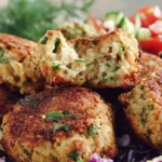 Simple Healthy Falafel with crispy edges and herb-filled center served alongside fresh chopped salad