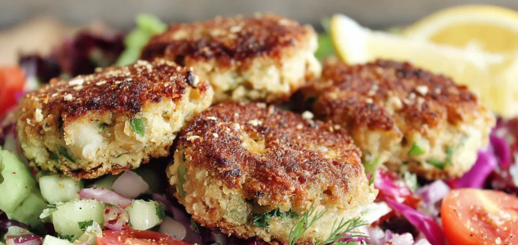 Simple Healthy Falafel served over fresh Mediterranean salad with cucumbers, tomatoes, and lemon slices