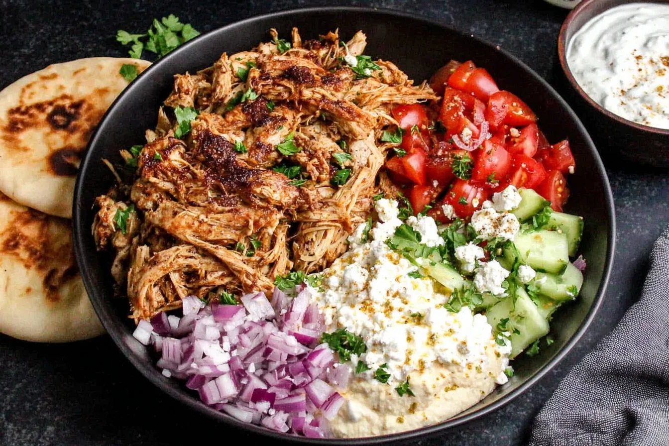 Slow Cooker Chicken Shawarma served in a bowl with hummus, cucumbers, tomatoes, red onion, feta, and naan bread