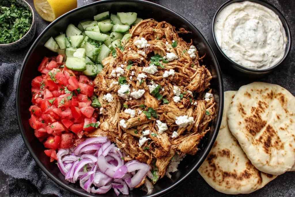 Slow Cooker Chicken Shawarma bowl with cucumbers, tomatoes, red onion, feta, yogurt sauce, and warm flatbread