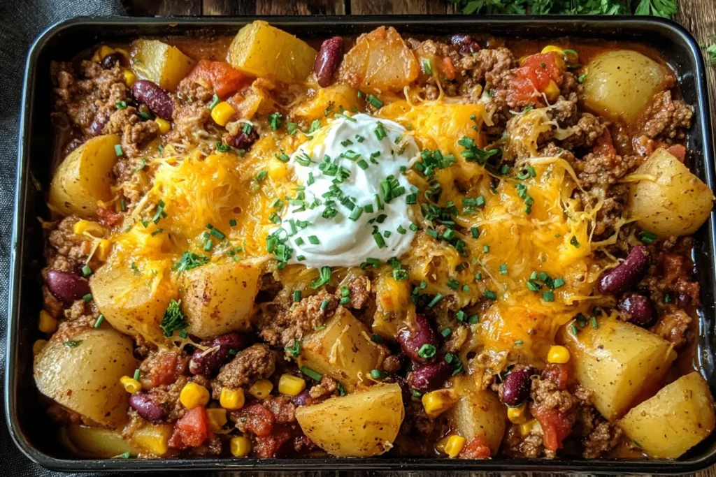 Slow Cooker Cowboy Casserole served with melted cheddar cheese and sour cream topping
