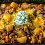 Slow Cooker Cowboy Casserole served with melted cheddar cheese and sour cream topping