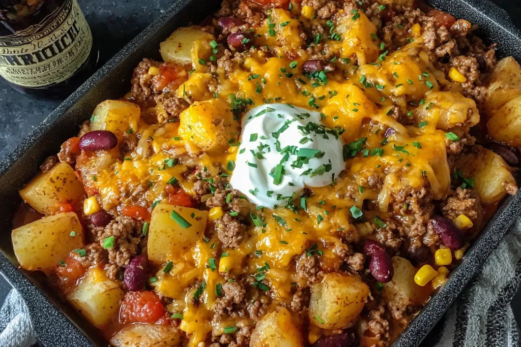 Slow Cooker Cowboy Casserole with ground beef, potatoes, beans, corn, melted cheese, and sour cream