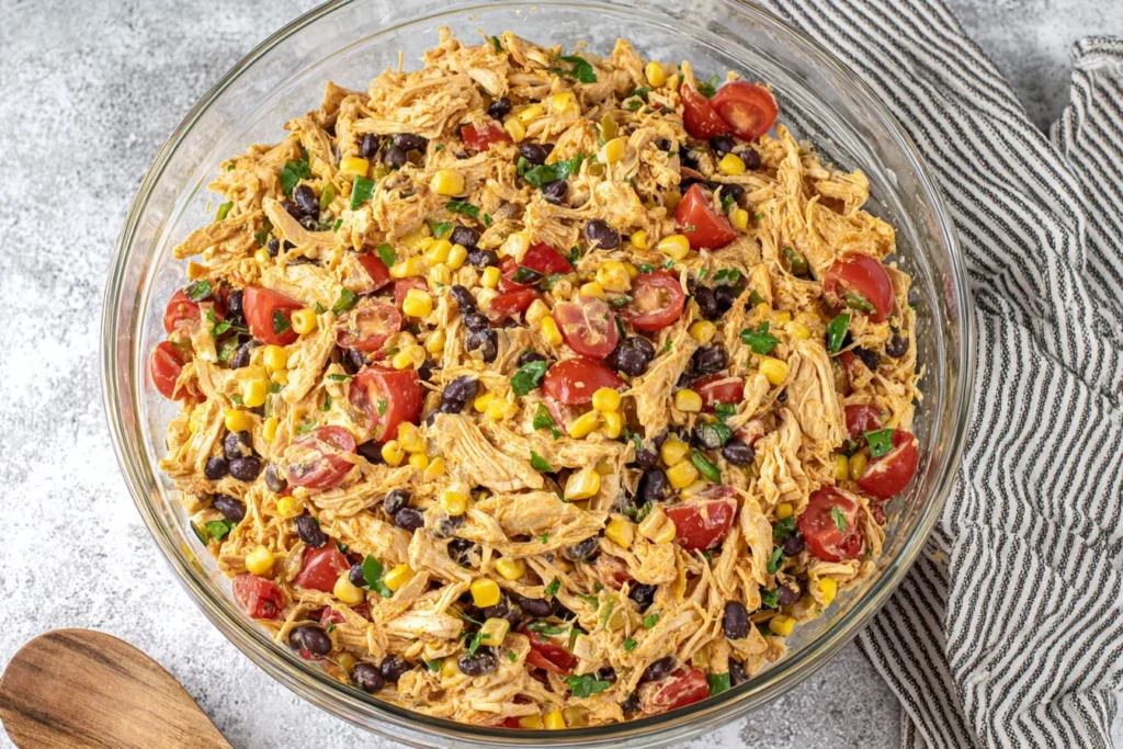 Southwest Chicken Salad in glass bowl with shredded chicken, black beans, corn, and tomatoes