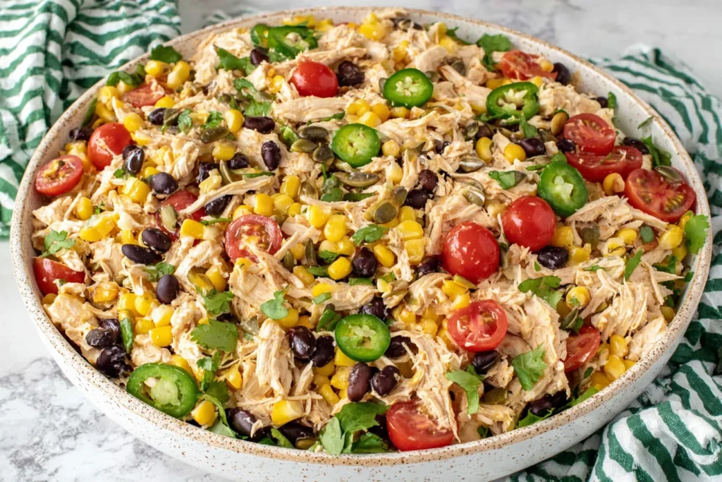 Colorful Southwest Chicken Salad with jalapeños, corn, black beans, and cherry tomatoes