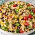 Colorful Southwest Chicken Salad with jalapeños, corn, black beans, and cherry tomatoes