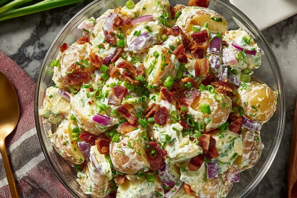 Steakhouse Potato Salad Recipe close-up with red onions, bacon, and fresh herbs