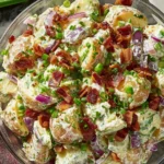 Steakhouse Potato Salad Recipe close-up with red onions, bacon, and fresh herbs