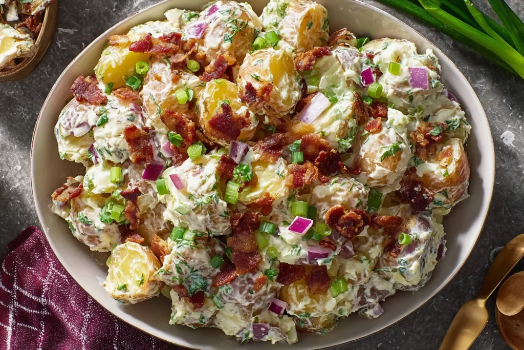 Steakhouse Potato Salad Recipe with bacon, chives, and creamy dressing in a serving bowl