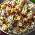 Steakhouse Potato Salad Recipe with bacon, chives, and creamy dressing in a serving bowl