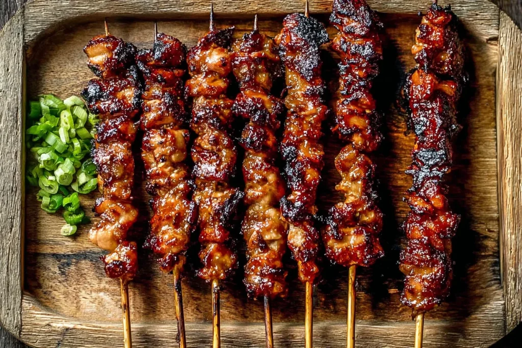 Grilled Thai Coconut Chicken Skewers with sticky caramelized glaze served on wooden board with fresh green onions
