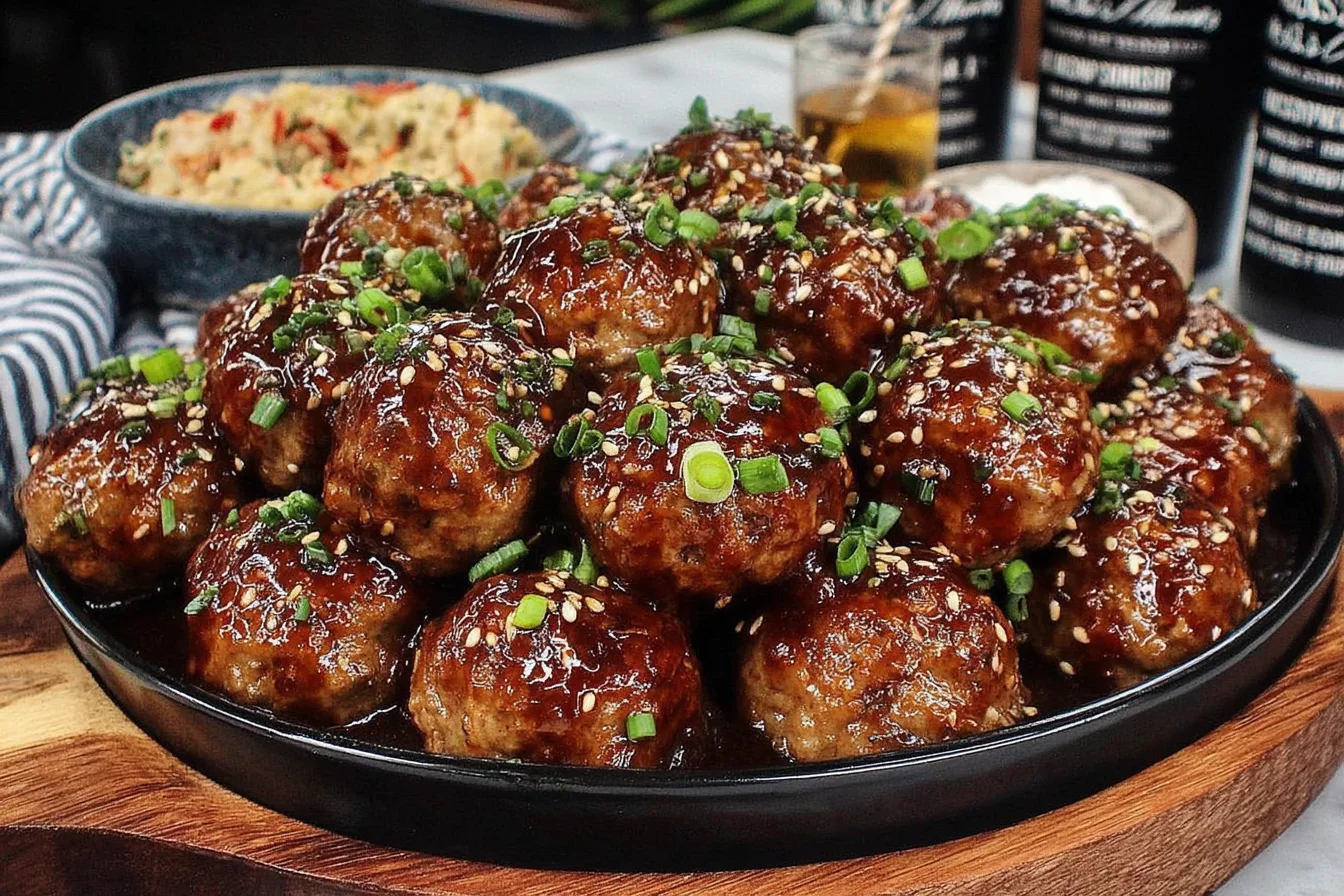 Sticky Hoisin Meatballs with Scallion Sauce served with sesame seeds and chopped scallions