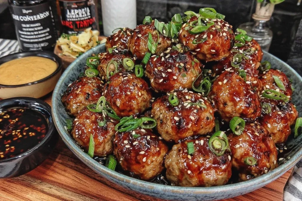 Sticky Hoisin Meatballs with Scallion Sauce topped with sesame seeds and green onions in a serving bowl