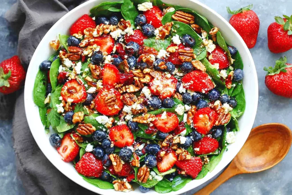 Fresh Strawberry Spinach Salad with strawberries, blueberries, feta cheese, and toasted pecans drizzled with balsamic glaze in a white bowl