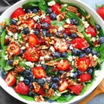 Fresh Strawberry Spinach Salad with strawberries, blueberries, feta cheese, and toasted pecans drizzled with balsamic glaze in a white bowl
