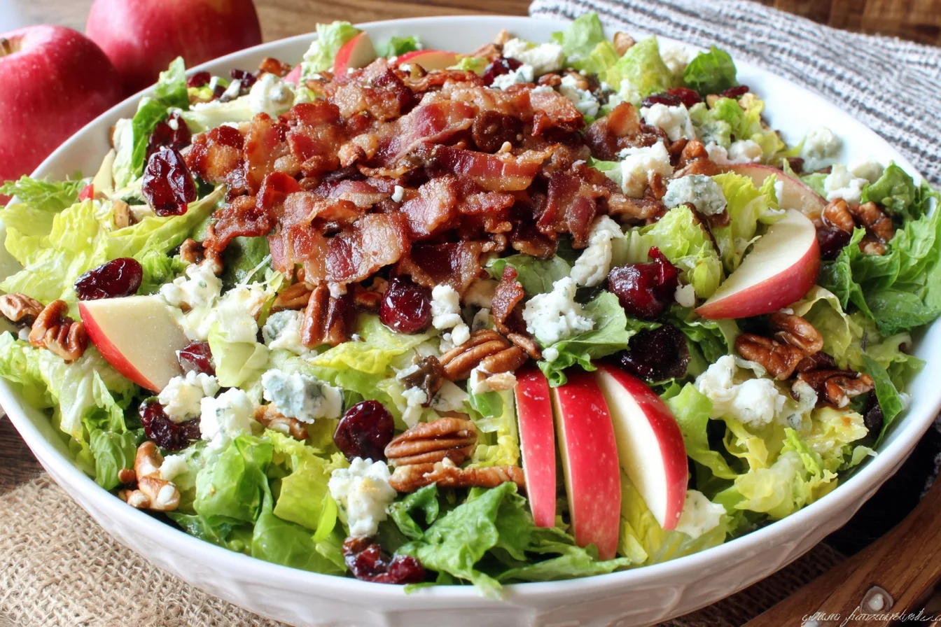 Sweet Balsamic Bacon Apple Salad with cranberries, pecans, bacon, and gorgonzola