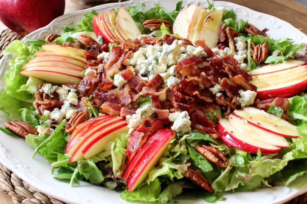 Sweet Balsamic Bacon Apple Salad with crispy bacon, apples, pecans, and blue cheese