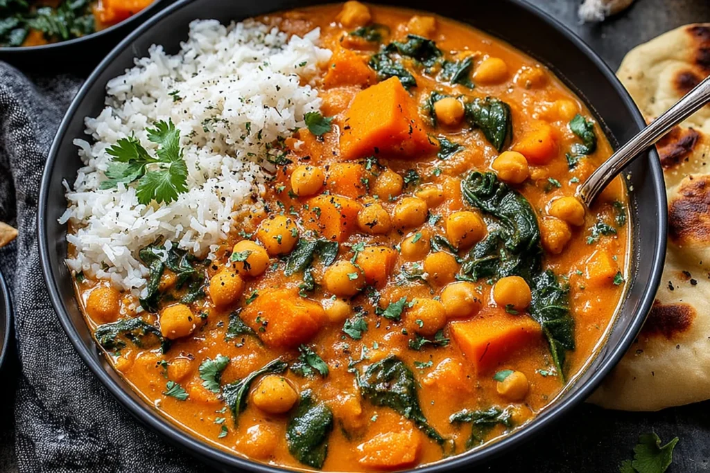 Sweet Potato and Chickpea Curry Recipe served with rice and naan in a cozy bowl