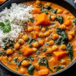 Sweet Potato and Chickpea Curry Recipe served with rice and naan in a cozy bowl