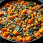 Sweet Potato and Chickpea Curry Recipe cooking in a skillet with spinach and coconut curry sauce