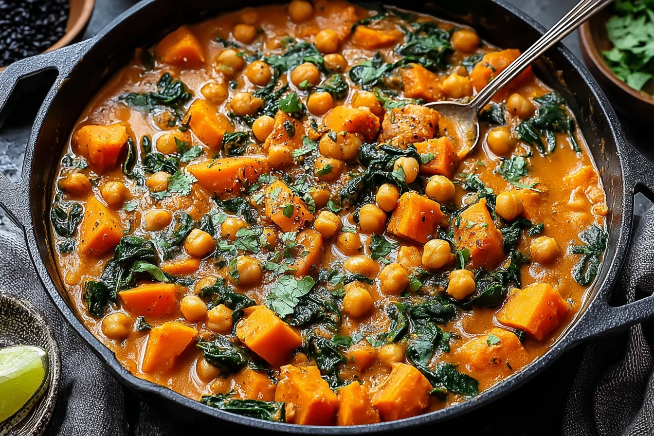 Sweet Potato and Chickpea Curry Recipe cooking in a skillet with spinach and coconut curry sauce